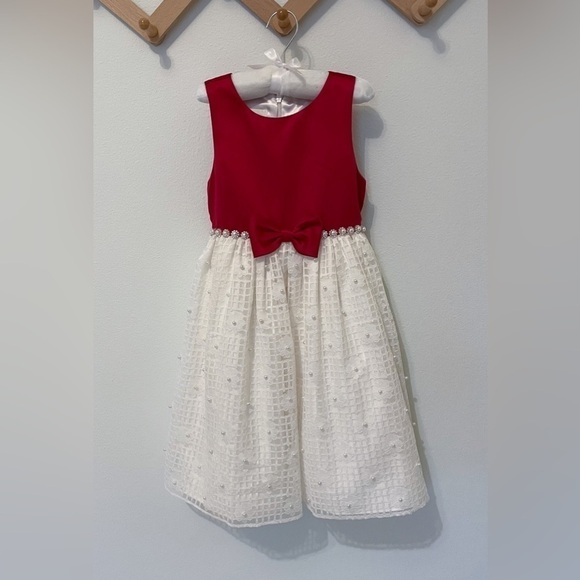 American Princess | Girls Red and White Formal Dress w/Pearls - Picture 1 of 4